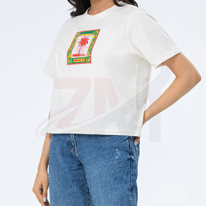 เสื้อยืดครอปสีขาว คอกลม แขนสั้น พิมพ์ลายต้นปาล์ม ผ้าฝ้าย 100% ทรงหลวม สวมใส่สบายๆ สำหรับฤดูใบไม้ผลิและฤดูร้อน - Product Image 5
