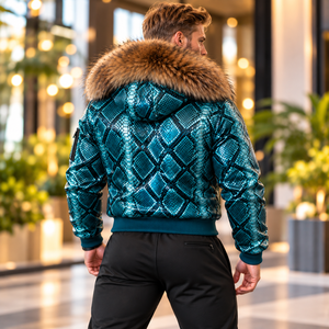 Men's Python Leather Casual <b>Jacket</b> with <b>Fur</b> <b>Hood</b> Luxury Winter Biker Outerwear | Herren Lederjacke | Chaqueta Hombre Cuero - Product Image 6