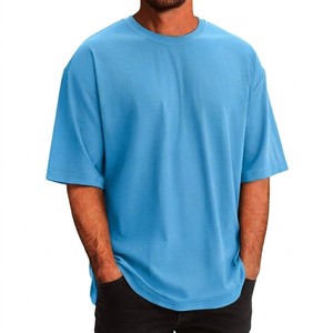T-shirt Homme Bleu Ciel Oversize en Coton Respirant Coupe Décontractée Épaules Tombantes Style Streetwear Moderne Uni Vente Directe Usine - Product Image 4