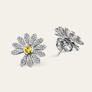 Pendientes de Flor con Diamante Amarillo en el Centro, Corte Brillante Redondo, Engaste Pavé, Plata 925, Joyería de Lujo para Mujer - Product Image 2