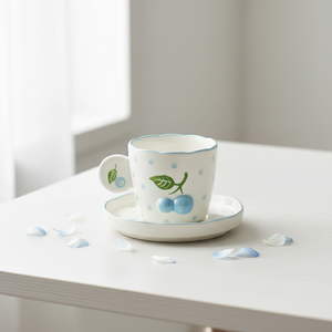 Taza y Platillo de Porcelana Fina de Primera Calidad 3460984C-0.2, Diseño Estampado con Motivos de Arándanos y Puntos - Product Image 3