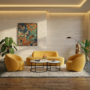 Conjunto de sofá amarillo moderno con una mesa de centro redonda hecha de madera de pino americano para salas de estar contemporáneas y elegantes. - Product Image 1