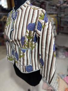 Hand Embroidered <b>Quilted</b> <b>Jacket</b> With Striped <b>Pattern</b> Blue Floral Design Stand Collar Full Sleeve Women's Autumn Wear GIFT - Product Image 5