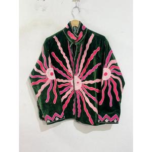 Handmade Green <b>Velvet</b> Mandarin Collar <b>Jacket</b> Pink Embroidered Floral Pattern Full Sleeve Heated Eco-Friendly 100% Cotton <b>Women's</b> - Product Image 1