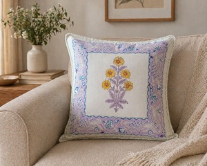 Premium Cotton Decorative Cushion <b>Cover</b> with Floral Motif and Printed Border <b>for</b> <b>Sofa</b> Chair Decor - Product Image 1