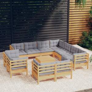 Ensemble de salon de jardin en bois de pin naturel avec coussins gris - Product Image 1