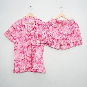 Ensemble de pyjama court pour femme en coton pur 100% respirant et doux, imprimé fleuri, col en V, fermeture à cordon, été - Product Image 3