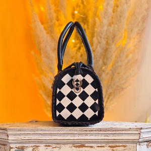 New Hand Tooled Black And White Diamond Checkered Pattern 100% Genuine Leather Material Mini Speedy Duffle Bag For Women's Carry - Product Image 4