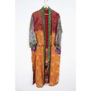 Kimono Robe Unique Fait Main Vintage Japonais 100% Soie Satinée Col en V avec Cordon de Serrage pour Femme, Patchwork Long Élégant et Doux pour l'Été - Product Image 5