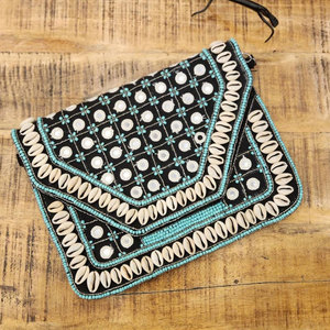 Bolso de mano tipo clutch boho banjara de algodón con flecos de 8 x 11 pulgadas, bordado a mano con cuentas y monedas, hecho a mano, unisex, bolso étnico para el hombro. - Product Image 3