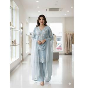 ชุดปาลาซโซพร้อมส่งออก พร้อมผ้าคลุมไหล่ ดีไซน์พิเศษและทันสมัยสำหรับงานแต่งงาน ชุดเสื้อปาลาซโซและผ้าคลุมไหล่ปักลายเลื่อมสวยงาม - Product Image 1