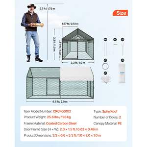 Copertura Impermeabile per Piccola Gabbia per Polli in Metallo, per 4-6 Galline, 3.3 x 6.6 x 3.3 Piedi, Doppia Porta, Tetto a Punta, Compatibile con Recinto per Pollame - Product Image 3