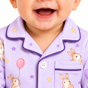 Ensemble pyjama bébé en lavande avec motif lapin, ballon et étoile, chemise à manches longues boutonnée et pantalon, tenue de nuit douce pour nourrisson et tout-petit - Product Image 2