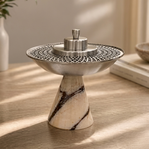 Royal Arabic Style Metallic <b>Silver</b> Incense Chalice on Marble Pillar – Modern Oud Fragrance Diffuser Stand for Hotel Lobby - Product Image 5