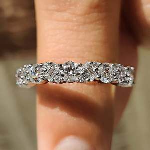 925 Sterling <b>Silver</b> Mixed Cut Moissanite Eternity <b>Ring</b> | Round & <b>Emerald</b> Cut VVS Wedding Band - Product Image 1