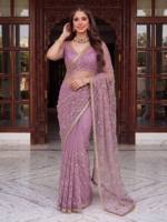 LD CREATION Saree moderne en résille pour femme, broderie de perles et de sequins faite à la main, séchage rapide, protection solaire, idéal pour les fêtes été/hiver