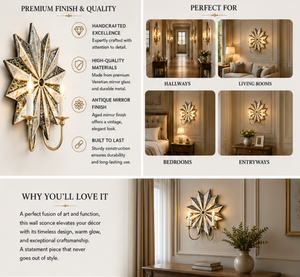 Geometric <b>Star</b> Wall Sconce with Antique <b>Mirrored</b> Glass and Gold Finish for Decorative Lighting - Product Image 4