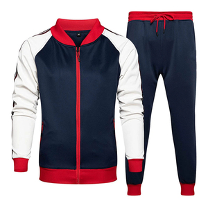 Ensemble de survêtement pour homme, bleu marine, blanc, rouge, avec blocs de couleur, fermeture éclair intégrale, col rabattu, style sportif, avec poches latérales, polyester respirant - Product Image 1