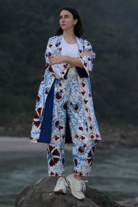 Casual And Relaxed Occasions Suzani Embroidered White Handwoven Women's Cotton Jacket & Pant Cord <b>Set</b> With Pocket & Flare Sleeve - Product Image 5