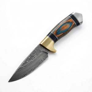 Cuchillo utilitario de acero de Damasco hecho a mano con mango de madera de Burl estabilizada y guardacuchillo de latón - Product Image 4