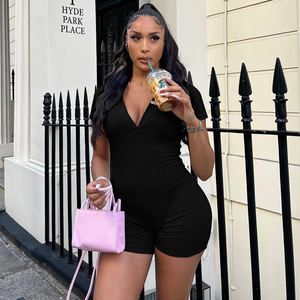 Women's Black Knitted V-Neck Sleeveless <b>Jumpsuit</b> High Waist Sexy Club Wear Spring Summer Solid Color <b>Bodycon</b> Fit Above Knee - Product Image 4