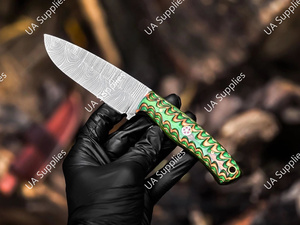 มีดทำมือคุณภาพสูง เหล็กดามัสกัส คมกริบ ใบมีดแบบดรอปพอยต์ 8 นิ้ว สำหรับกิจกรรมกลางแจ้ง ยุทธวิธี เอาตัวรอด ล่าสัตว์ ด้ามไม้ปักก้า - Product Image 3