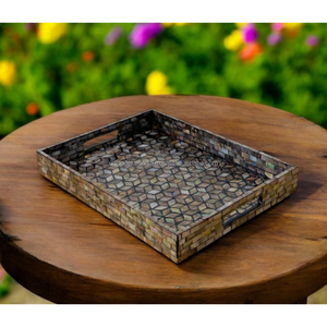 Plateau en bois rectangulaire fait à la main avec incrustation de motif de feuille de nacre Plateau de service classique pour cadeau de mariage décor nature - Product Image 5