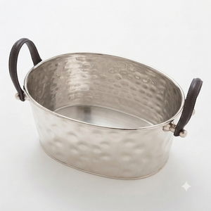 Luxury Hammered Stainless Steel Oval <b>Ice</b> Bucket With Dark Leather Handles Party Wine Beer Beverage Tub For Wedding & Party - Product Image 2