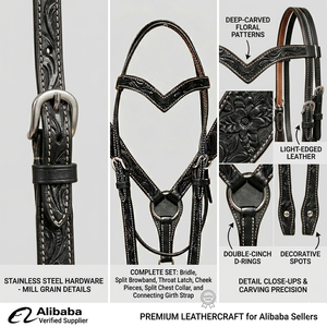 Premium Floral <b>Tooled</b> Black <b>Leather</b> Western Headstall Breast Collar Tack Set with Conchos for Equine Riding and Ranch <b>Work</b> - Product Image 2