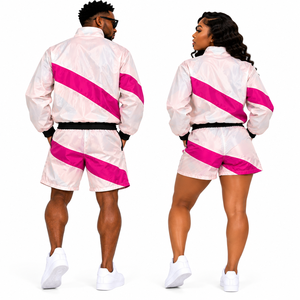 Unisex pink <b>white</b> <b>tracksuit</b> set pink sportswear set <b>white</b> color blocking sporty jacket shorts quick dry summer wear outfit - Product Image 3