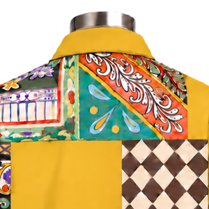 Chaqueta de trabajo amarilla mostaza con mosaico, diseño floral multicolor, abotonada, informal, de manga larga, estilo streetwear, prenda exterior de moda. - Product Image 4