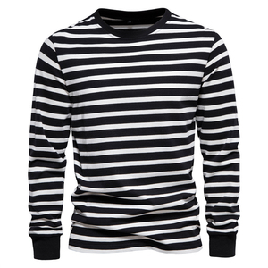 Camiseta de Manga Larga a Rayas para Hombre, Cuello Redondo, Corte Regular, 100% Algodón, Tejido de Punto, Informal, para Primavera - Product Image 1