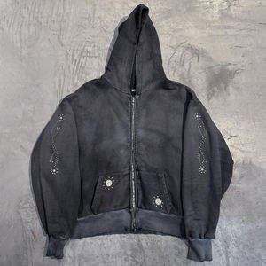 Sudadera con capucha y cremallera para hombre, estilo vintage lavado, con bolsillos con símbolo de paz y tachuelas, dobladillo desgastado, estilo gótico oversize para streetwear. - Product Image 4