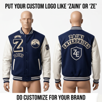 430 GSM schwere Wollmischung, marineblauer Körper, graue PU-Lederärmel, Varsity-Jacke mit individuellem Chenille-Sticklogo, Varsity-Jacke für Herren