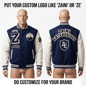 Chaqueta Varsity para hombre de mezcla de lana gruesa de 430 GSM, color azul marino, con mangas de cuero PU gris, logotipo bordado en chenilla personalizado. - Product Image 4