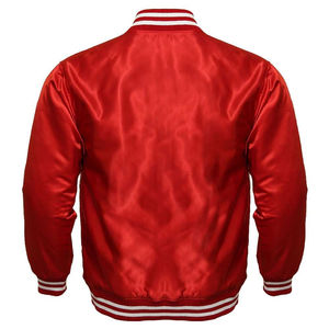Chaqueta Bomber Varsity Acolchada Personalizada, Cuerpo Rojo Brillante, Mangas con Rayas, Puños con Aspecto Satinado, Estilo Béisbol, Cuello Camisero, 100% Algodón - Product Image 2