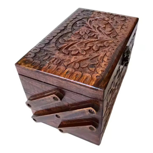 Hand Carved <b>Wooden</b> Trunk <b>Box</b> Detailed With Intricate Floral Tree Patterns And Antique Style Metal Front Latch For Home <b>Storage</b> - Product Image 4