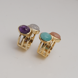 Green Pink Amazonite Double Stone Brass Classic Modern Handmade Elegant Designer <b>Statement</b> <b>Ring</b> for Women - Product Image 3