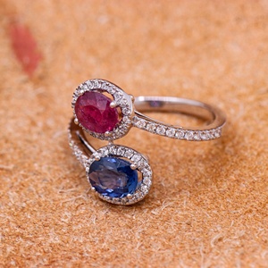 Wholesale 18k White Gold Natural Oval Ruby Blue Sapphire Diamond Halo Toi et Moi <b>Ring</b> Memoria Jewels - Product Image 3