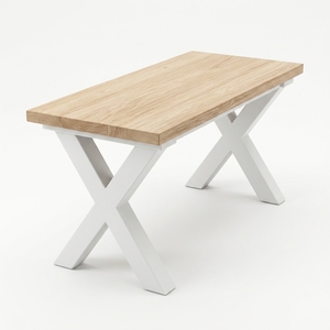Table basse rectangulaire mobile moderne à pieds croisés en teck massif, finition blanchie, modèle TAB23 pour salon - Product Image 1