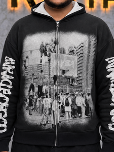 เสื้อฮู้ดซิปเต็มตัวสีดำสำหรับผู้ชาย ทรงโอเวอร์ไซส์ สไตล์สตรีทแวร์ พิมพ์ลายกราฟิก พร้อมลายพิมพ์ที่แขนเสื้อ ผลิตโดยผู้ผลิต - Product Image 6