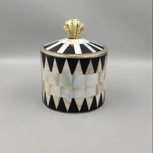 Geometric Design Mother of Pearl Inlay Brass Storage <b>Box</b> with Gold Knob Bohemian Style 2-Layer Folding Design Multi-Purpose Use - Product Image 1