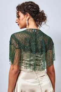 Women's Green Polyester Beaded Fringe Shoulder <b>Cape</b> with Floral Embroidery Decorative <b>Wedding</b> Party Wear COTTON COUTURE - Product Image 3