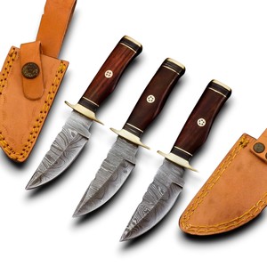 Best Quality Damascus Steel Fixed Blade Camping Knife ODM Purple Rosewood Handle Brass Guard Drop Point Razor Sharp EDC Knives - Product Image 1