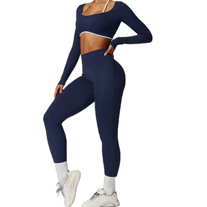 Ensemble de yoga 3 pièces bleu marine : Crop top dos nageur à col carré, Legging taille haute longueur intégrale, sans couture, en Spandex/Nylon extensible dans les quatre sens - Product Image 1