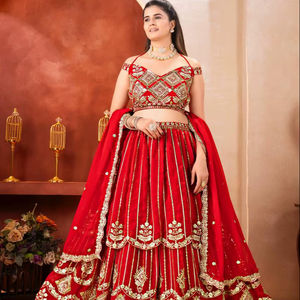 Lehenga Choli traditionnel pour femme, taille empire, en faux georgette CxC, avec pompons, fermeture éclair, sequins, broderie Zari, recyclé - Product Image 1