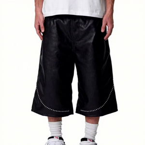 Men's Black PU Leather Capri <b>Shorts</b> With Rivet <b>Decoration</b> Gothic Style Mid Waist Elastic Closure - Product Image 6