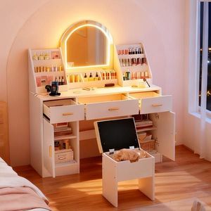 47.2\" <b>Makeup</b> <b>Vanity</b> with <b>Lighted</b> Mirror Cushioned Storage Stool 3 Drawers-Dressing Table with Two Organizers - Product Image 2