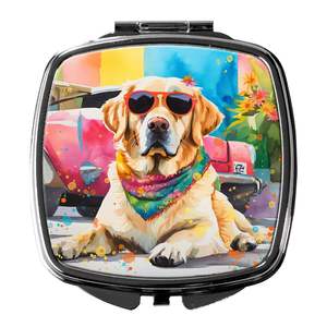 Espejo de maquillaje de viaje compacto Hippie Dawg de Labrador amarillo para mujeres y niñas, regalo de bolsillo decorativo de mano plegable - Product Image 1