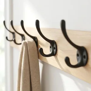 Minimalist Wooden Wall Mounted <b>Coat</b> <b>Rack</b> with 6 Black Cast Iron Hooks Eco-Friendly Space Saving Design - Product Image 1